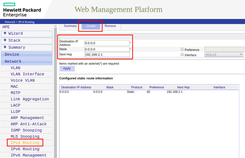 Static routing settings - routes IPv4 traffic (that isn't local to switch's VLANs) out to the pfSense router. Note that this IP address is the IP address of the pfSense router on the interface the HP switch is plugged into.