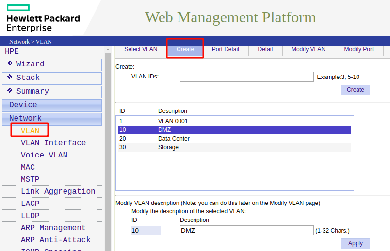 Creating a VLAN on the HP 1910; here we are simply telling the switch that a VLAN with this ID exists.