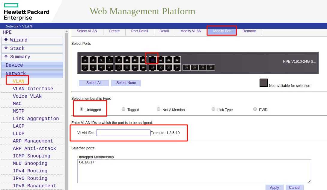 Network > VLAN > Modify Port; Assign a port as untagged and enter the applicable VLAN ID.