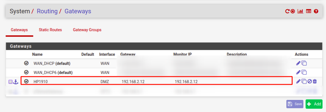 Defining our HP 1910 gateway in pfSense