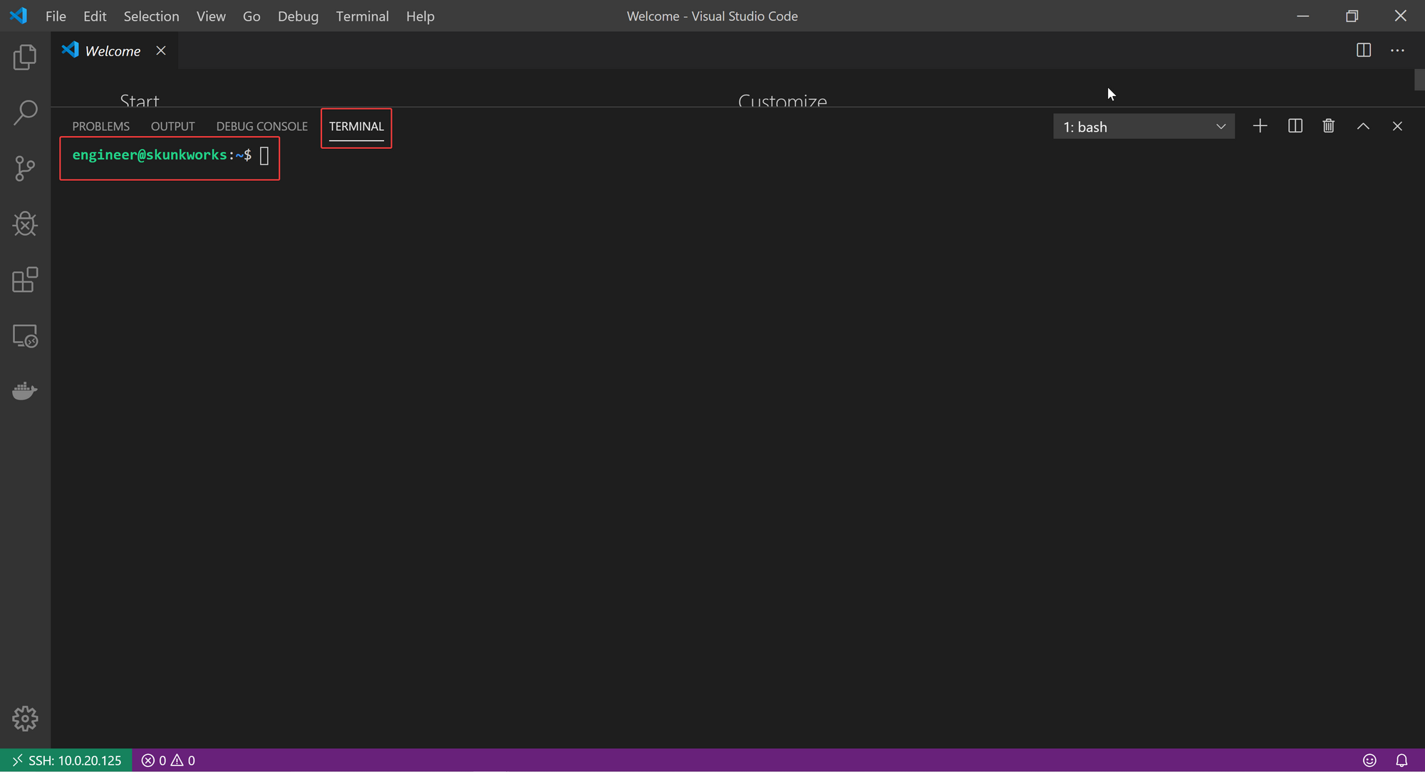 Terminal opened in remote development server in VS Code