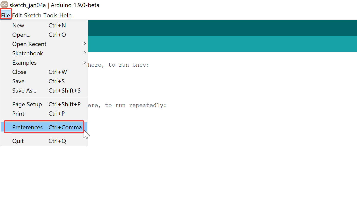 Files > Preferences menu in Arduino IDE