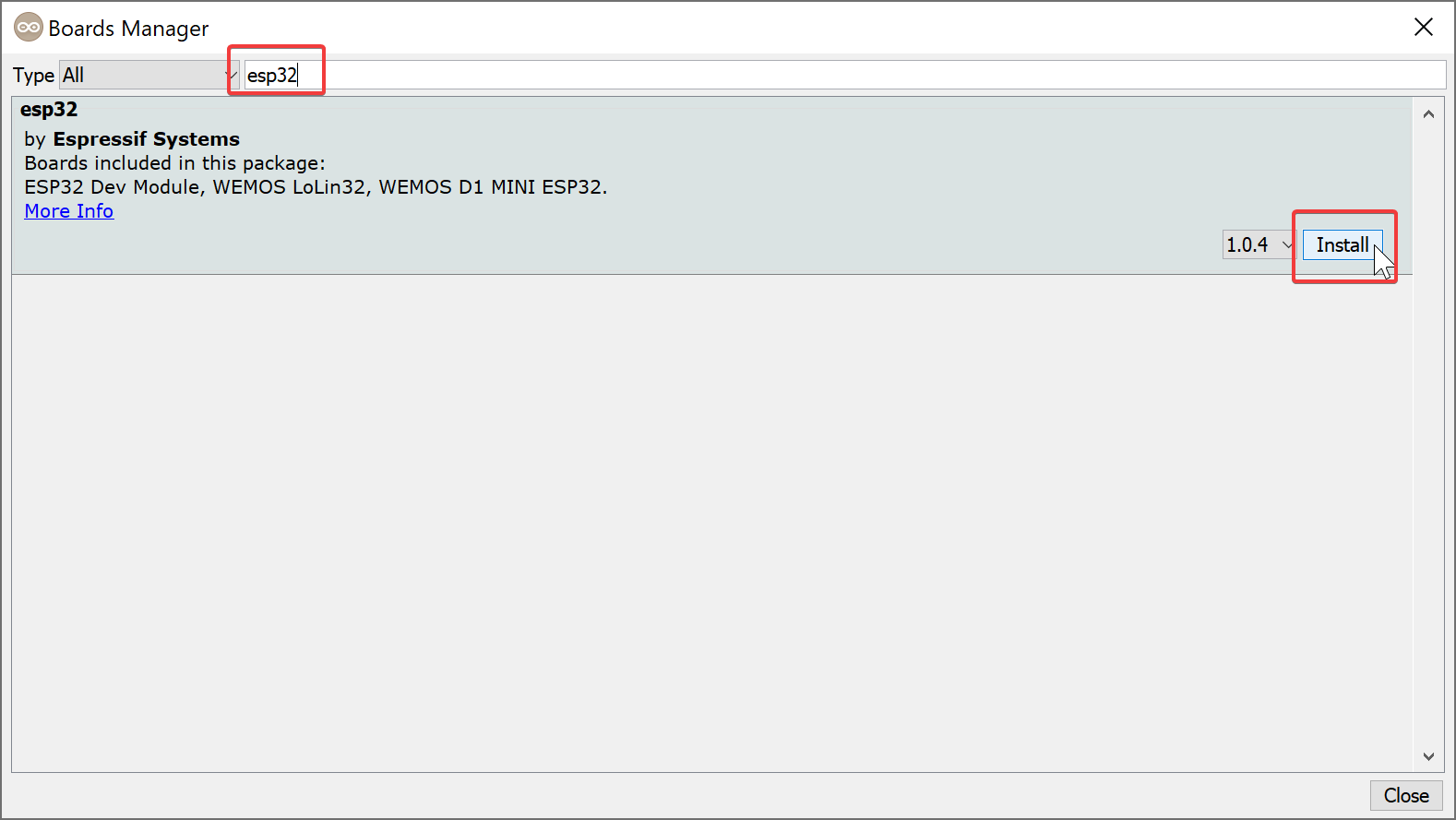 Search for esp32 in Boards Manager