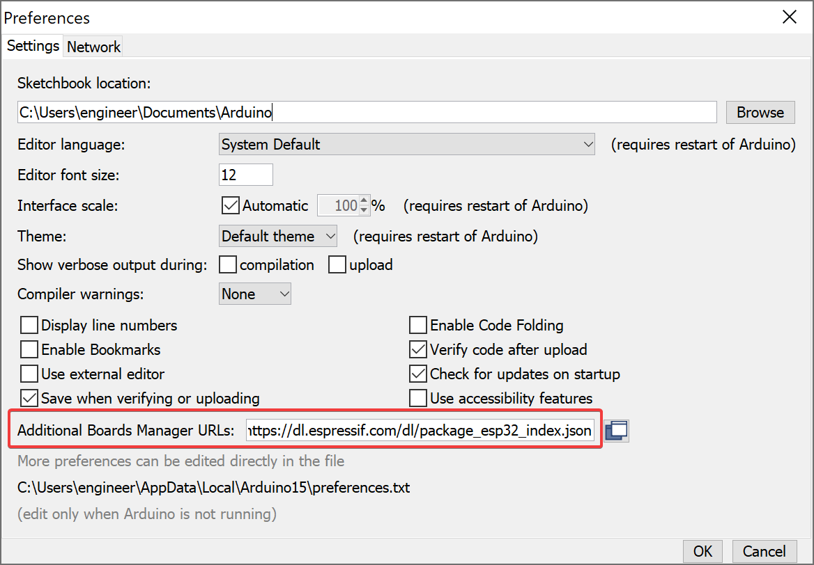 Add espressif (ESP32) board manager URL