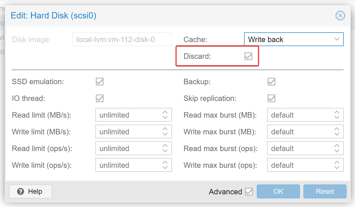 When using thin provision storage with a VM in Proxmox, the "Discard" option needs to be checked.