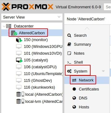 Proxmox Network Settings: Node ('AlteredCarbon') > System > Network