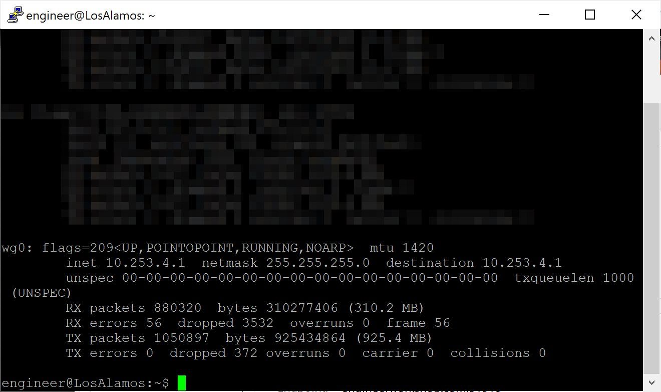 Output of "sudo ifconfig" showing the wg0 netword adapter on the WireGuard server