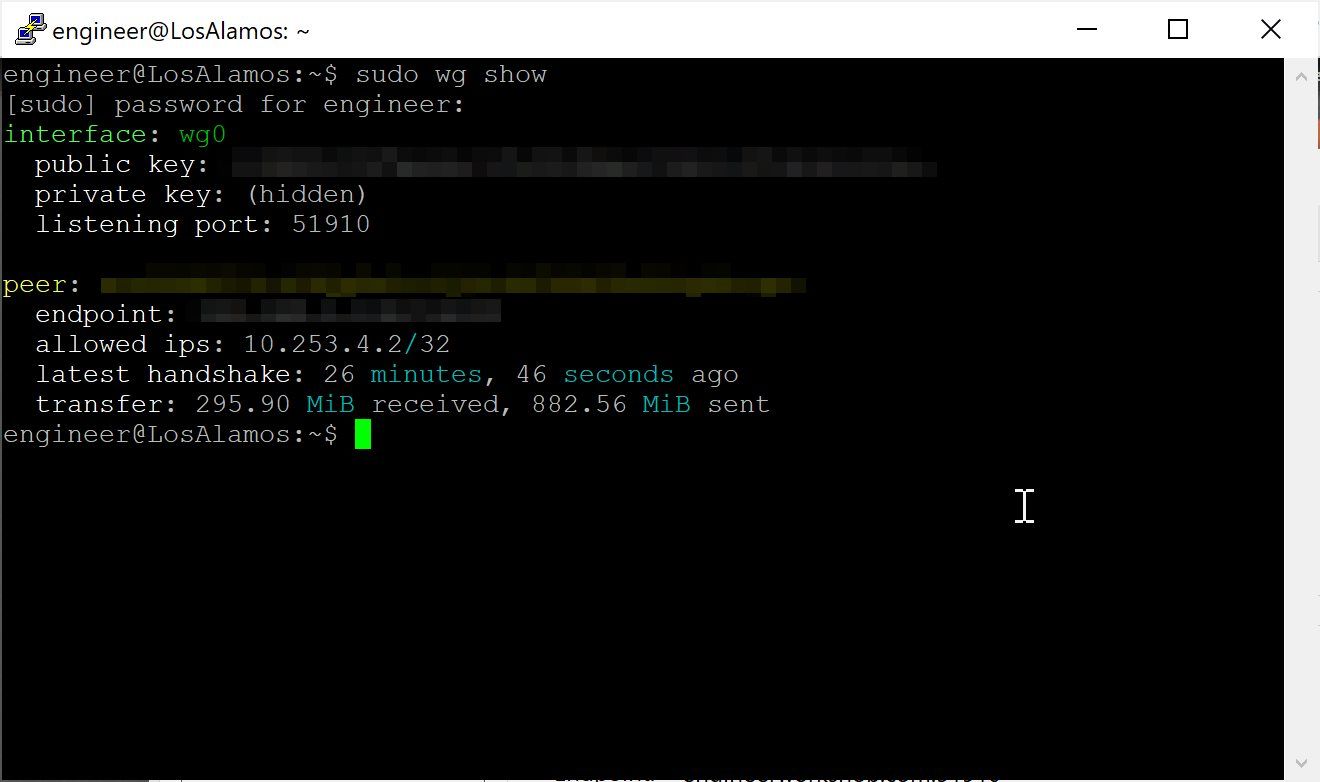 Output of "sudo wg show" showing the Wireguard interface, wg0, and connected peers on the WireGuard server