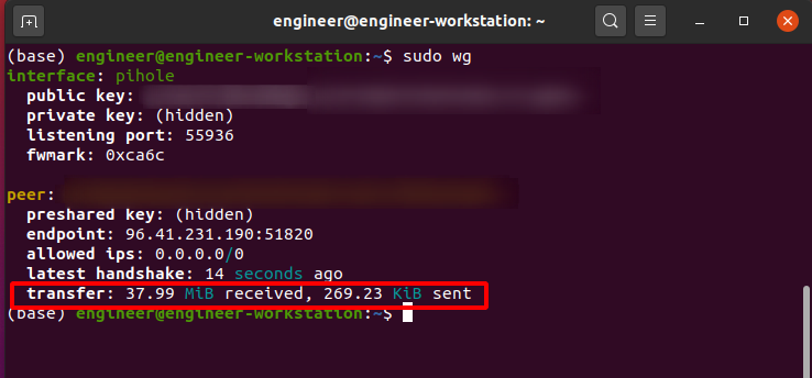 Ubuntu WireGuard client showing data transfer