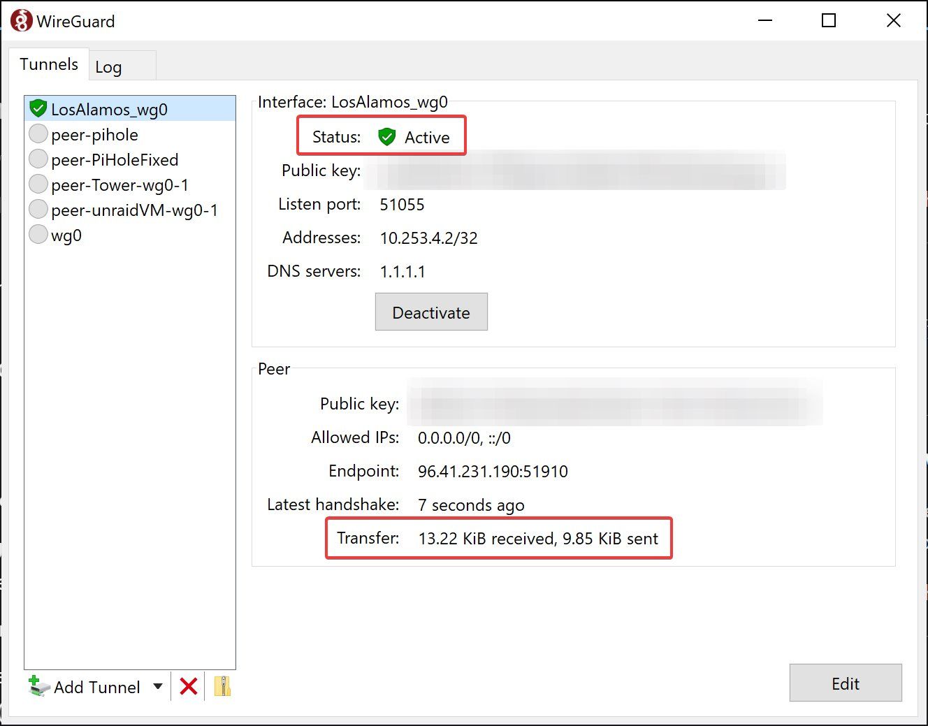 Windows WireGuard client displaying data traffic