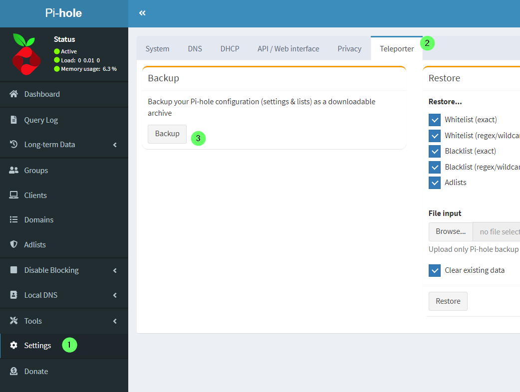 Backing Up Pihole Configuration Using Teleporter: Settings > Teleporter > Backup