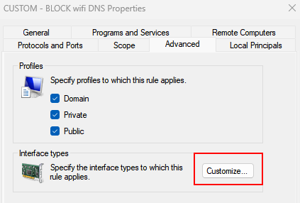 Windows Defender Firewall rule properties > Advanced