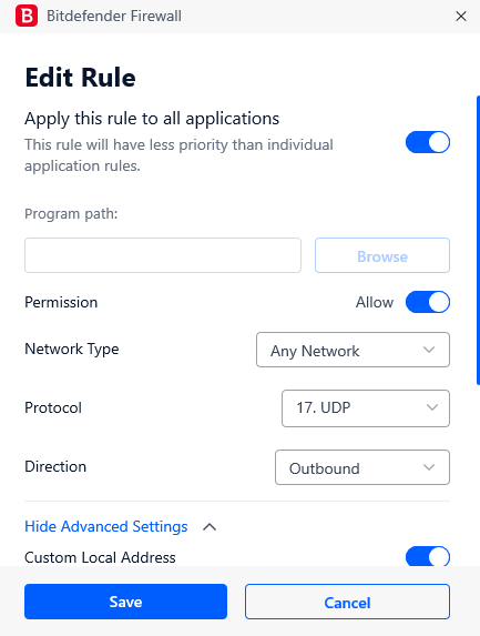 Bitdefender Firewall rule to allow DNS query traffic to specified DNS server carried over WireGuard