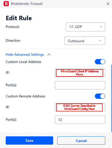 Bitdefender Firewall rule to allow DNS query traffic to specified DNS server carried over WireGuard